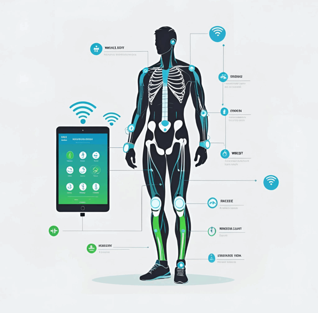 Rehabilitacja z wykorzystaniem biofeedbacku i sensorów ubieralnych – pacjent w trakcie ćwiczeń monitorowanych technologicznie”.