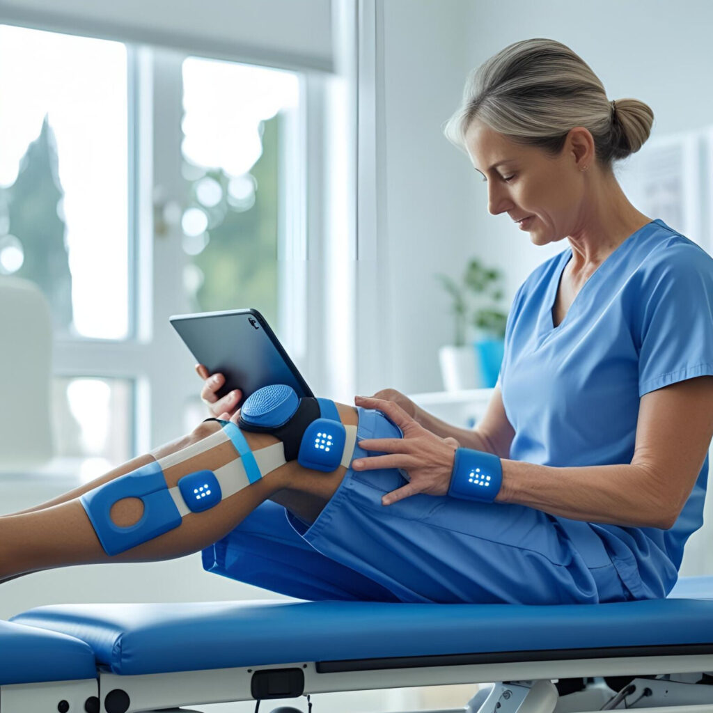 Infografika – schemat ciała z naniesionymi sensorami ubieralnymi połączonymi z aplikacją mobilną.